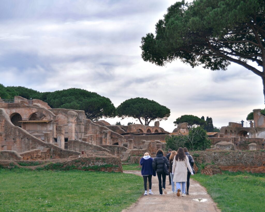 students walking in archaeological park